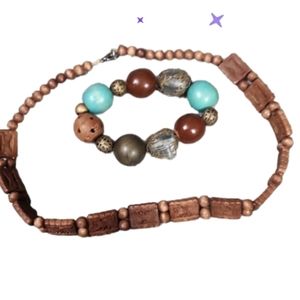 Vintage carved wooden butterfly necklace and wood bead bracelet